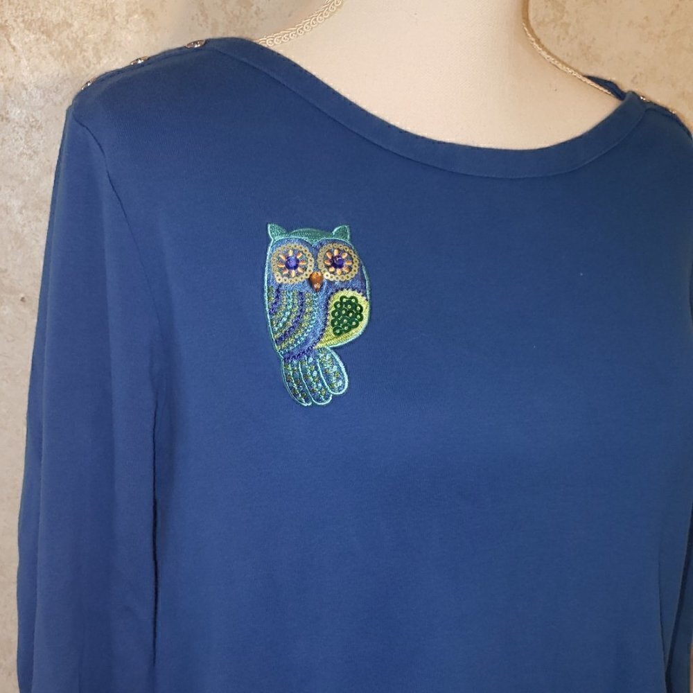 Croft & Barrow 3/4 Sleeve Owl Tee - Blue EUC